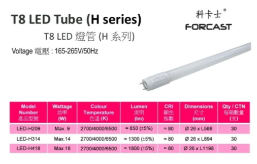 FORCAST 2尺/3尺/4尺 LED光管LED-H209-H314-H418