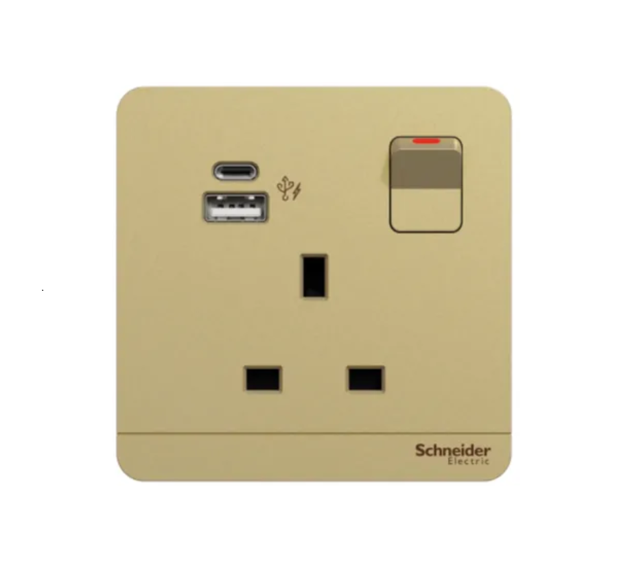 Schneider AvatarOn奐尚 單位13A蘇面帶開關連雙USB-A+C型