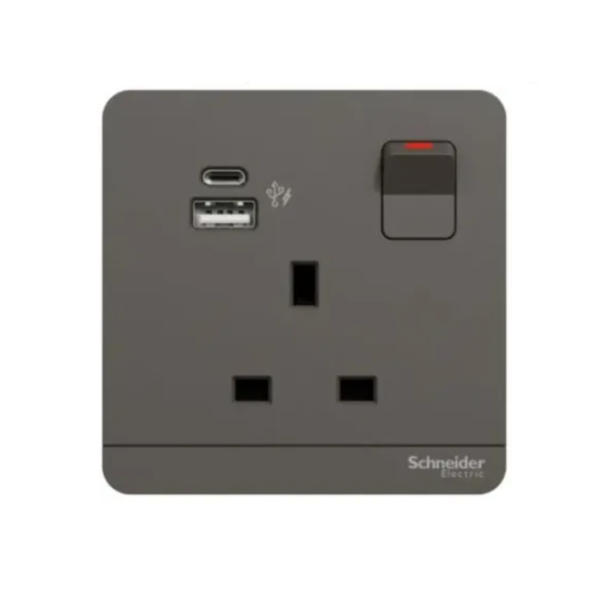 Schneider AvatarOn奐尚 單位13A蘇面帶開關連雙USB-A+C型