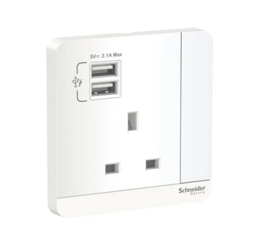Schneider AvatarOn奐尚白 單位13A蘇面帶開關連雙USB