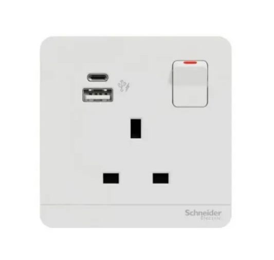 Schneider AvatarOn奐尚 單位13A蘇面帶開關連雙USB-A+C型
