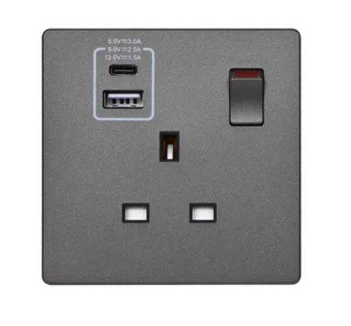 MK Aria 雅緻系列(太空灰) 單位13A蘇面帶開關連雙USB(Type A+C)