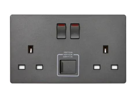 MK Aria 雅緻系列(太空灰) 兩位13A蘇面帶開關連雙USB(Type A+C)