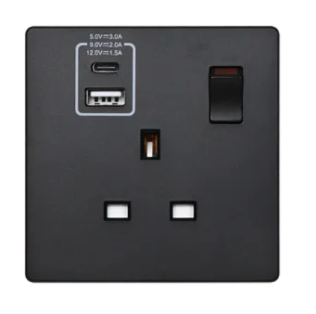 MK Aria 雅緻系列(太空黑) 單位13A蘇面帶開關連雙USB(Type A+C)
