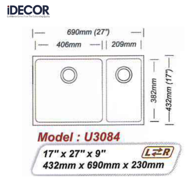 Idecor 不銹鋼枱下星盆(U3084/U3074) 432mm x 690mm