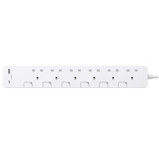 施耐德 6位 帶開關、指示燈、1 x Type A + 1 x Type C USB 白色拖板 (連3米線)