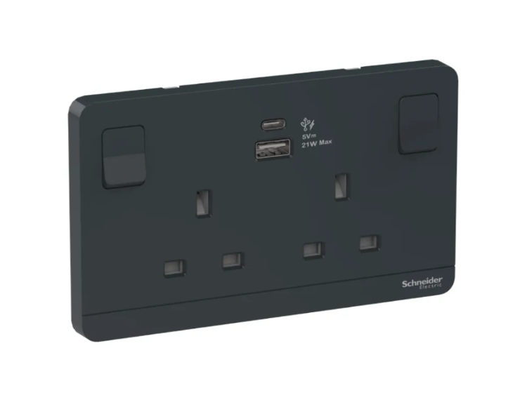 Schneider AvatarOn奐尚 兩位13A蘇面帶開關連USB A+C