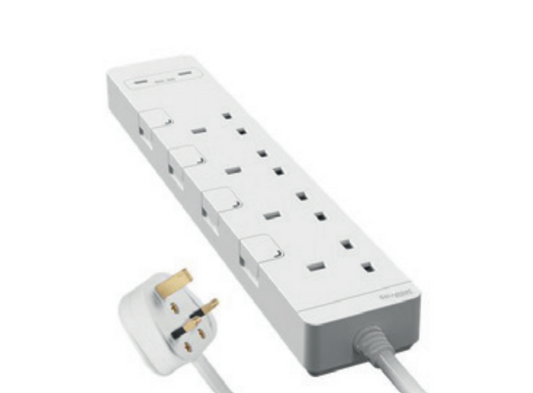 施耐德 4位 13A 連獨立開關拖板 連兩位USB充電插座(30W PD3.0 Type C+C 充電)_白色