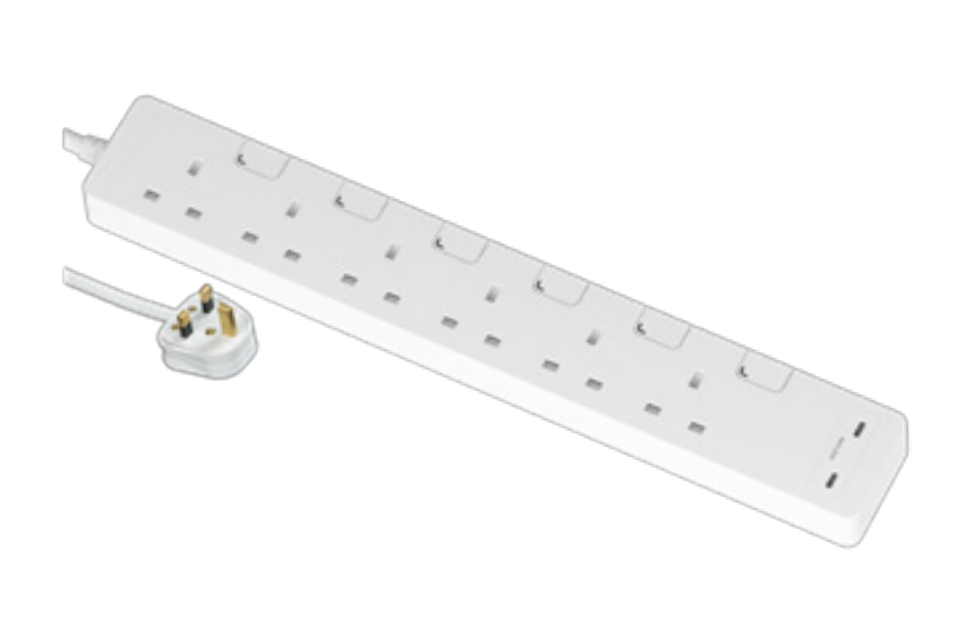 施耐德 6位 13A 連獨立開關拖板 連兩位USB充電插座(30W PD3.0 Type C+C 充電)_白色